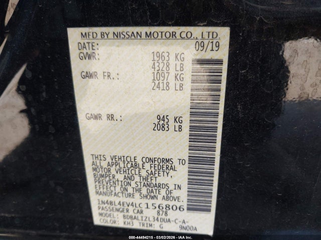 1N4BL4EV4LC156806 Nissan Altima Sl Fwd