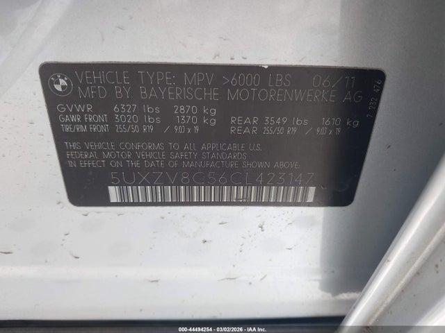 Aukcja sprzedaży 2012 Bmw X5 Xdrive50i, vin: 5UXZV8C56CL423147, numer aukcji: 44494254