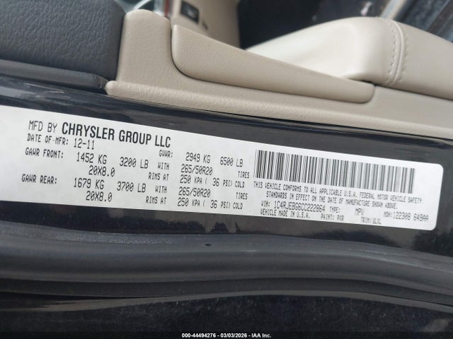 Aukcja sprzedaży 2012 Jeep Grand Cherokee Limited, vin: 1C4RJEBG6CC222864, numer aukcji: 44494276
