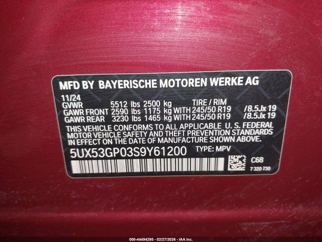 Aukcja sprzedaży 2025 Bmw X3 30 Xdrive, vin: 5UX53GP03S9Y61200, numer aukcji: 44494295