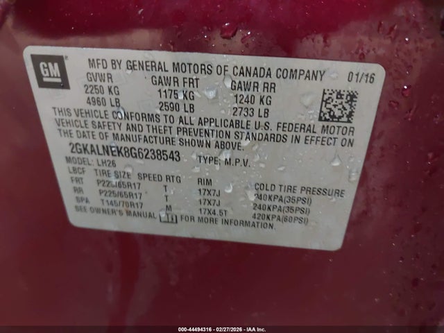 2016 Gmc Terrain Sle-2 მანქანა იყიდება აუქციონზე, vin: 2GKALNEK8G6238543, აუქციონის ნომერი: 44494316