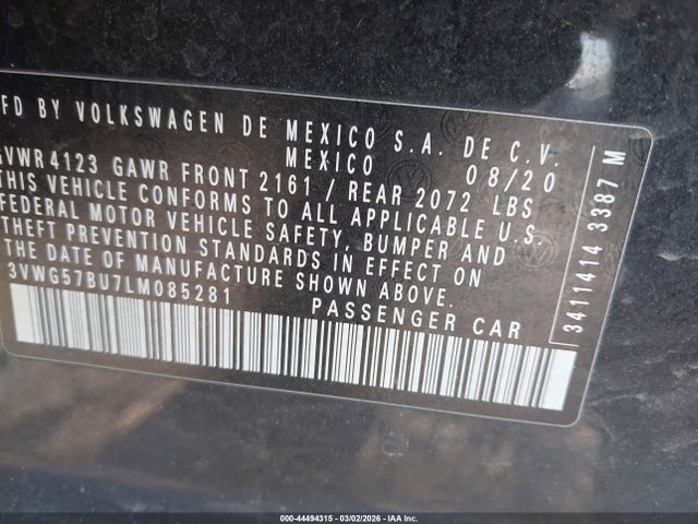 Aukcja sprzedaży 2020 Volkswagen Jetta 1.4t Sel Premium, vin: 3VWG57BU7LM085281, numer aukcji: 44494315