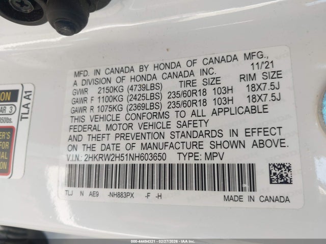 2HKRW2H51NH603650 Honda Cr-v Awd Ex