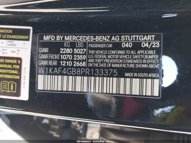 Продаж на аукціоні авто 2023 Mercedes-benz C 300 Sedan, vin: W1KAF4GB8PR133375, номер лоту: 44494331