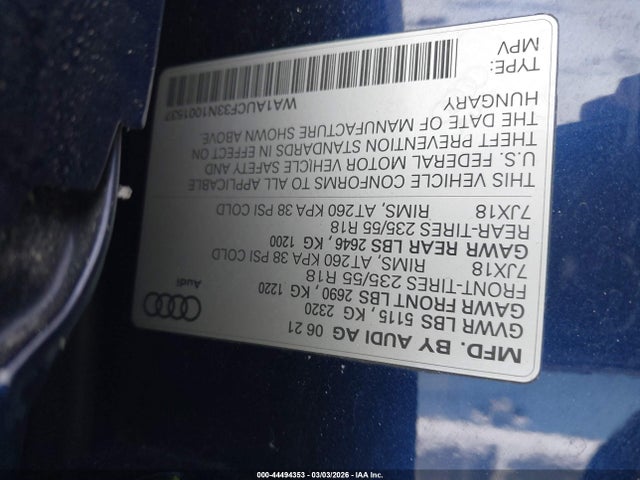 44494353 :رقم المزاد ، WA1AUCF33N1001537 vin ، 2022 Audi Q3 Premium 40 Tfsi Quattro Tiptronic مزاد بيع