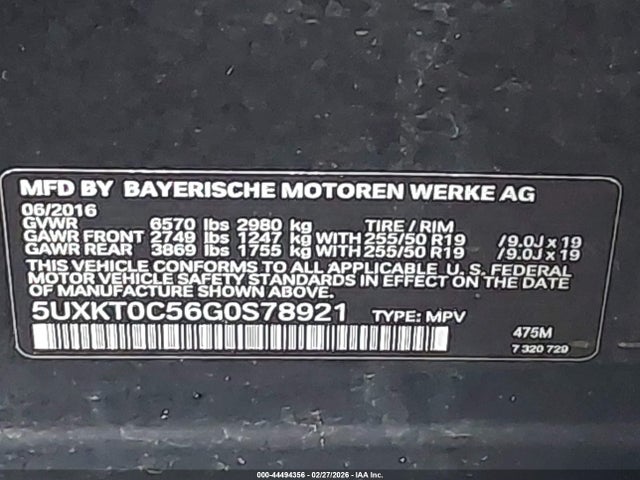 44494356 :رقم المزاد ، 5UXKT0C56G0S78921 vin ، 2016 Bmw X5 Edrive Xdrive40e مزاد بيع