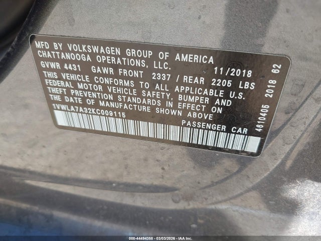 1VWLA7A32KC009115 Volkswagen Passat 2.0t Wolfsburg Edition