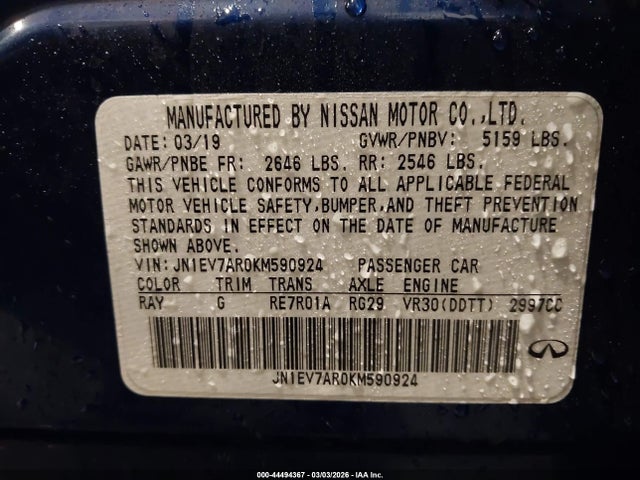 44494367 :رقم المزاد ، JN1EV7AR0KM590924 vin ، 2019 Infiniti Q50 3.0t Signature Edition مزاد بيع