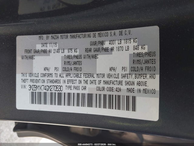 44494373 :رقم المزاد ، 3MZBM1K74GM270530 vin ، 2016 Mazda Mazda3 I Sport مزاد بيع