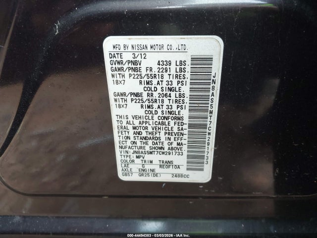 44494383 :رقم المزاد ، JN8AS5MT7CW291733 vin ، 2012 Nissan Rogue Sv W/sl Pkg مزاد بيع
