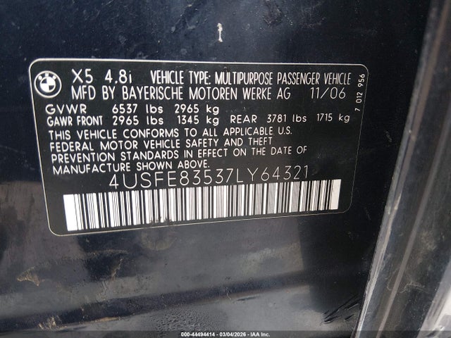 Aukcja sprzedaży 2007 Bmw X5 4.8i, vin: 4USFE83537LY64321, numer aukcji: 44494414