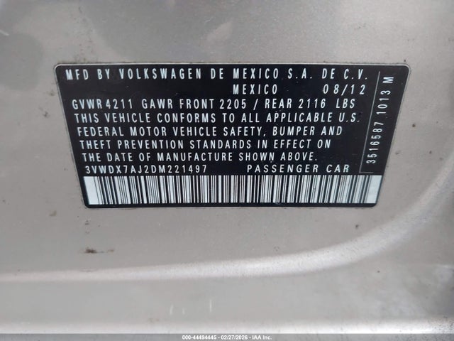 44494445 :رقم المزاد ، 3VWDX7AJ2DM221497 vin ، 2013 Volkswagen Jetta 2.5l Se مزاد بيع