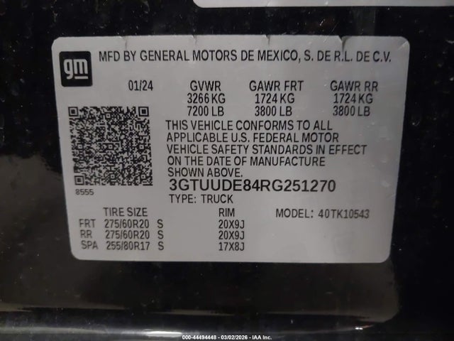 44494448 :رقم المزاد ، 3GTUUDE84RG251270 vin ، 2024 Gmc Sierra 1500 مزاد بيع