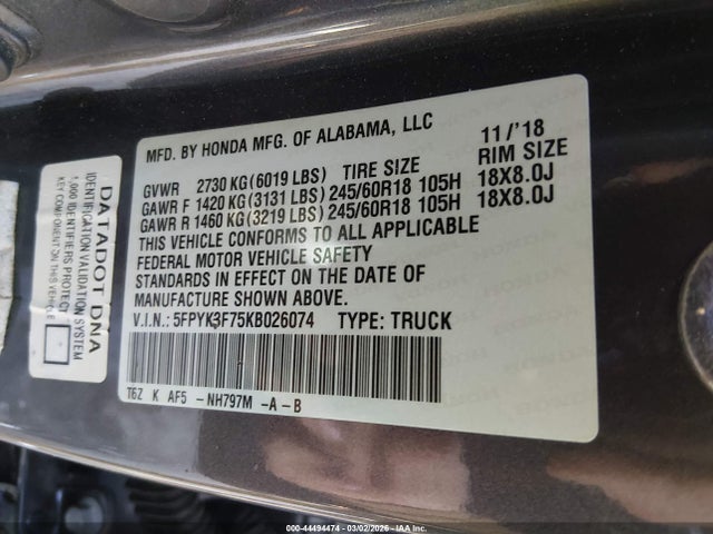 Honda Ridgeline Rtl-e 2019 5FPYK3F75KB026074 Image 9