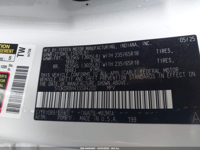 Aukcja sprzedaży 2025 Toyota Highlander Xle, vin: 5TDKDRBH4SS584200, numer aukcji: 44494482