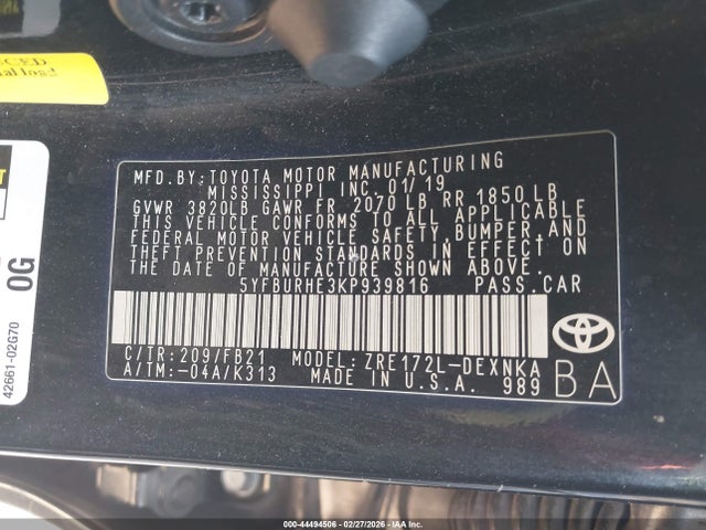 5YFBURHE3KP939816 Toyota COROLLA LE