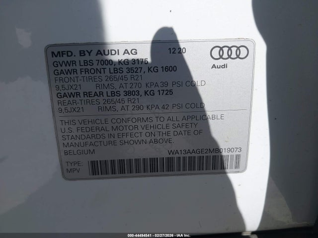 2021 Audi E-tron Sportback Prestige Quattro მანქანა იყიდება აუქციონზე, vin: WA13AAGE2MB019073, აუქციონის ნომერი: 44494541