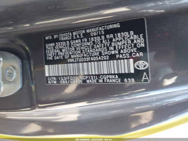 2015 Toyota Yaris L მანქანა იყიდება აუქციონზე, vin: VNKJTUD33FA054202, აუქციონის ნომერი: 44494545
