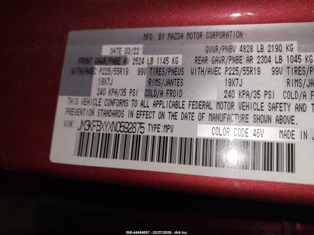 Aukcja sprzedaży 2022 Mazda Cx-5 2.5 Turbo Signature, vin: JM3KFBXYXN0592875, numer aukcji: 44494557