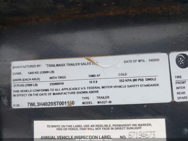 44494568 :رقم المزاد ، 7WL3H4020ST001160 vin ، 2025 Trailmaxx 40' Gooseneck Flatbed Trailer مزاد بيع
