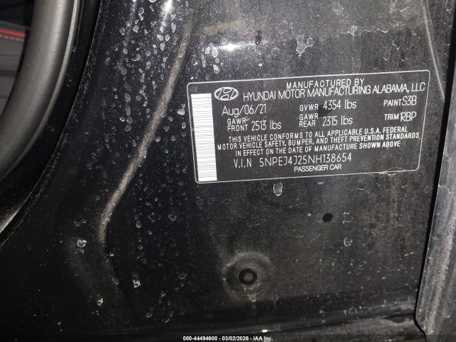 5NPEJ4J25NH138654 Hyundai Sonata Sel Plus