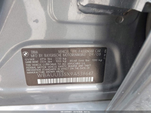 2009 Bmw 328i Xdrive მანქანა იყიდება აუქციონზე, vin: WBAUU335X9A539647, აუქციონის ნომერი: 44494601