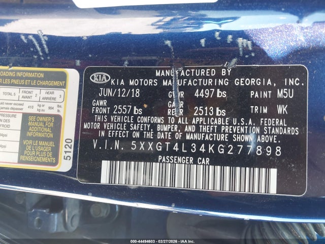 44494603 :رقم المزاد ، 5XXGT4L34KG277898 vin ، 2019 Kia Optima Lx مزاد بيع