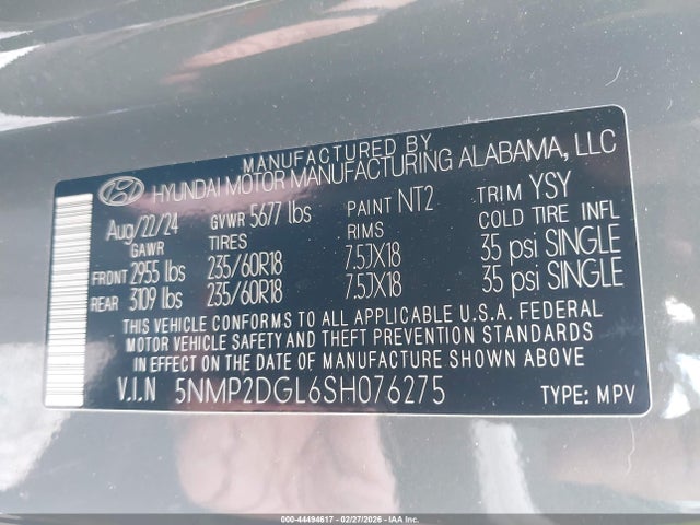 5NMP2DGL6SH076275 Hyundai Santa Fe Sel