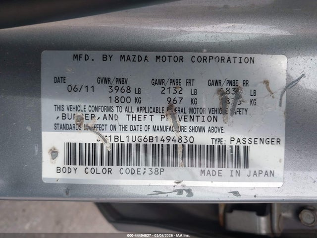 2011 Mazda Mazda3 I Sport მანქანა იყიდება აუქციონზე, vin: JM1BL1UG6B1494830, აუქციონის ნომერი: 44494627