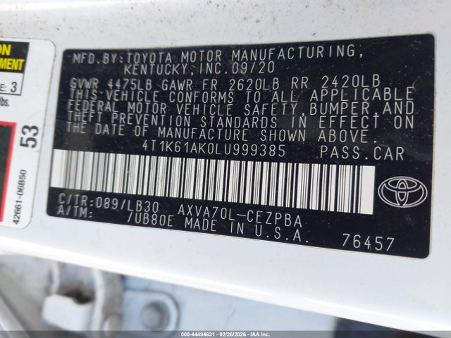 4T1K61AK0LU999385 Toyota CAMRY XSE