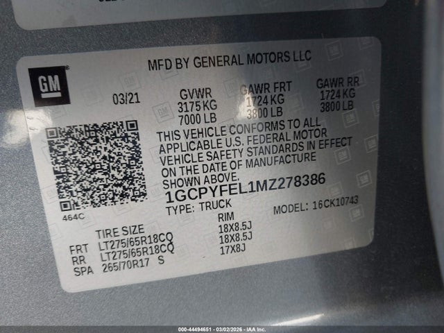 1GCPYFEL1MZ278386 Chevrolet Silverado 1500 Lt Trail Boss