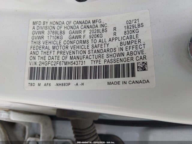 Продажа на аукционе авто 2021 Honda Civic Lx, vin: 2HGFC2F67MH543731, номер лота: 44494716