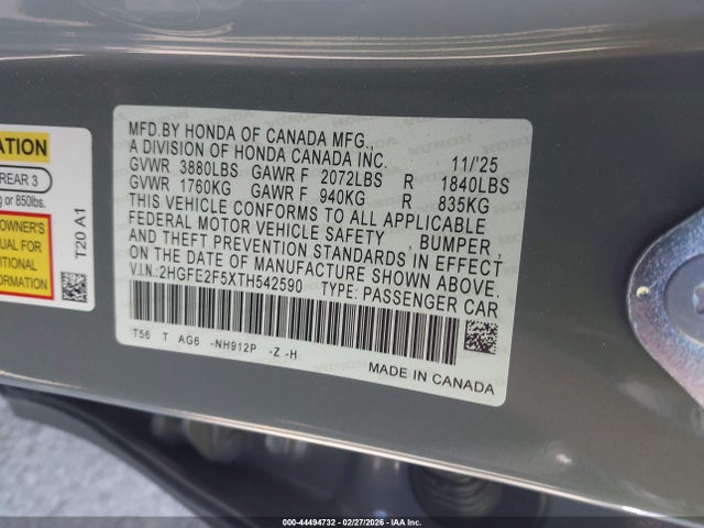 2HGFE2F5XTH542590 Honda Civic Sport