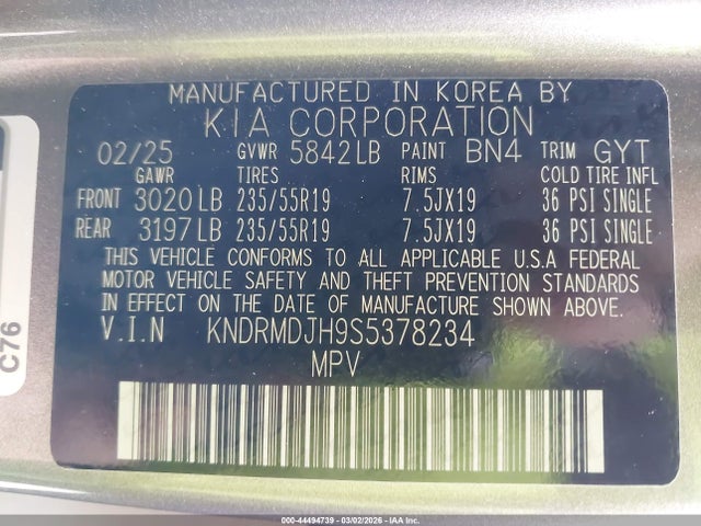 44494739 :رقم المزاد ، KNDRMDJH9S5378234 vin ، 2025 Kia Sorento Plug-in Hybrid Sx Prestige مزاد بيع