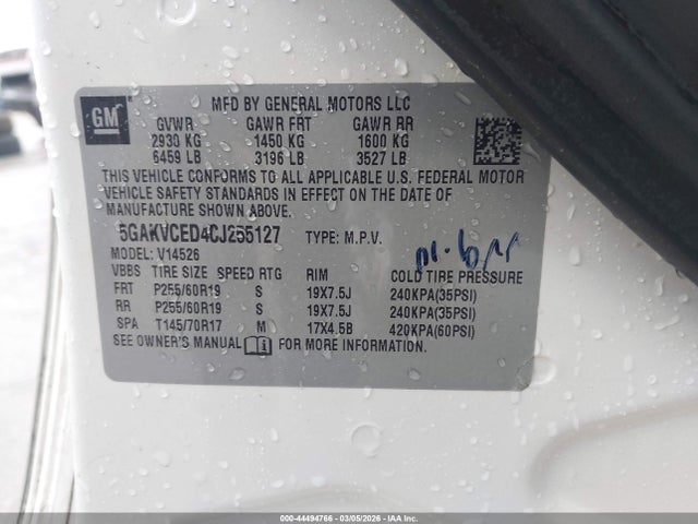 44494766 :رقم المزاد ، 5GAKVCED4CJ255127 vin ، 2012 Buick Enclave Leather مزاد بيع