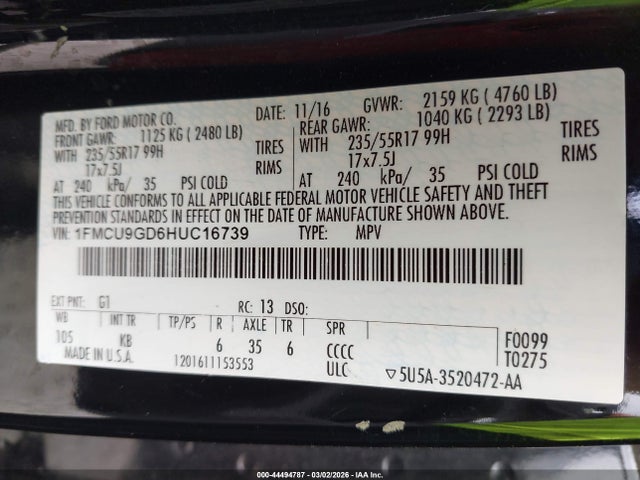 1FMCU9GD6HUC16739 Ford ESCAPE SE