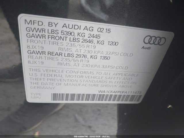 44494796 :رقم المزاد ، WA1CFAFP0FA111473 vin ، 2015 Audi Q5 2.0t Premium مزاد بيع