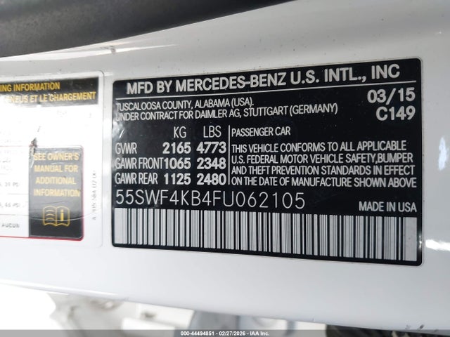 2015 Mercedes-benz C 300 4matic მანქანა იყიდება აუქციონზე, vin: 55SWF4KB4FU062105, აუქციონის ნომერი: 44494851