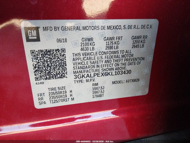 2019 Gmc Terrain Slt მანქანა იყიდება აუქციონზე, vin: 3GKALPEX6KL103430, აუქციონის ნომერი: 44494852
