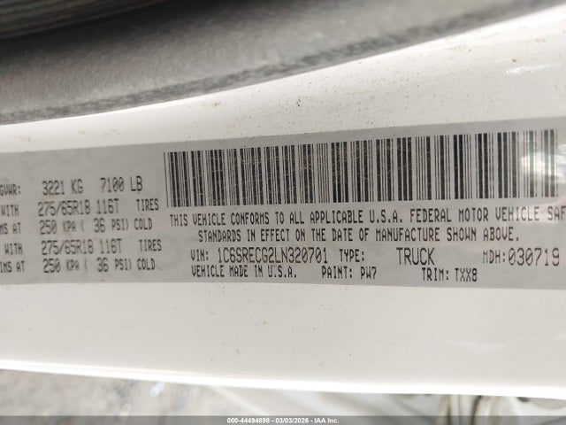 44494898 :رقم المزاد ، 1C6SRECG2LN320701 vin ، 2020 Ram 1500 Tradesman  4x2 6'4 Box مزاد بيع