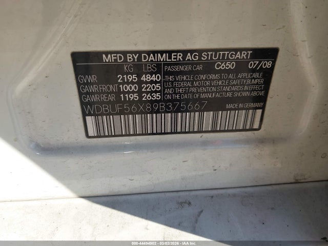 44494902 :رقم المزاد ، WDBUF56X89B375667 vin ، 2009 Mercedes-benz E 350 مزاد بيع