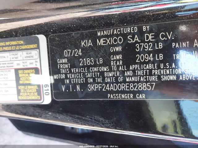 44494909 :رقم المزاد ، 3KPF24AD0RE828857 vin ، 2024 Kia Forte Lxs مزاد بيع
