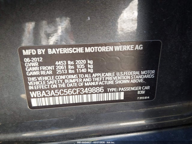 44494927 :رقم المزاد ، WBA3A5C56CF349886 vin ، 2012 Bmw 328i مزاد بيع