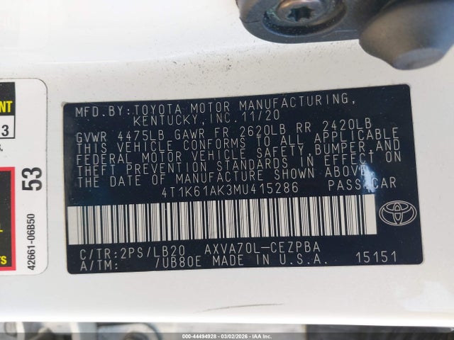 4T1K61AK3MU415286 Toyota CAMRY XSE