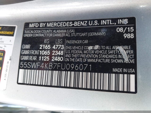 2015 Mercedes-benz C 300 4matic მანქანა იყიდება აუქციონზე, vin: 55SWF4KB7FU096071, აუქციონის ნომერი: 44494937