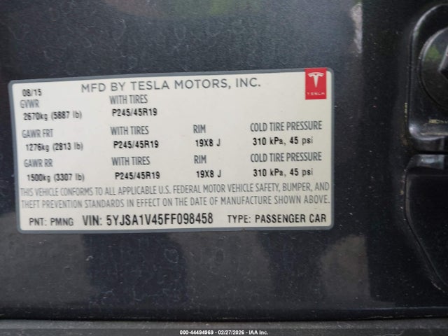 Aukcja sprzedaży 2015 Tesla Model S 85d/p85d, vin: 5YJSA1V45FF098458, numer aukcji: 44494969