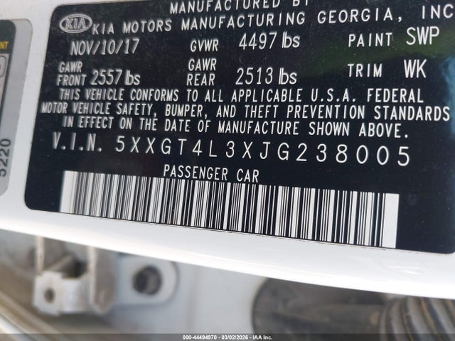 44494970 :رقم المزاد ، 5XXGT4L3XJG238005 vin ، 2018 Kia Optima S مزاد بيع