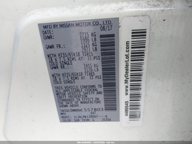Aukcja sprzedaży 2017 Infiniti Qx60, vin: 5N1DL0MN9HC557803, numer aukcji: 44494993