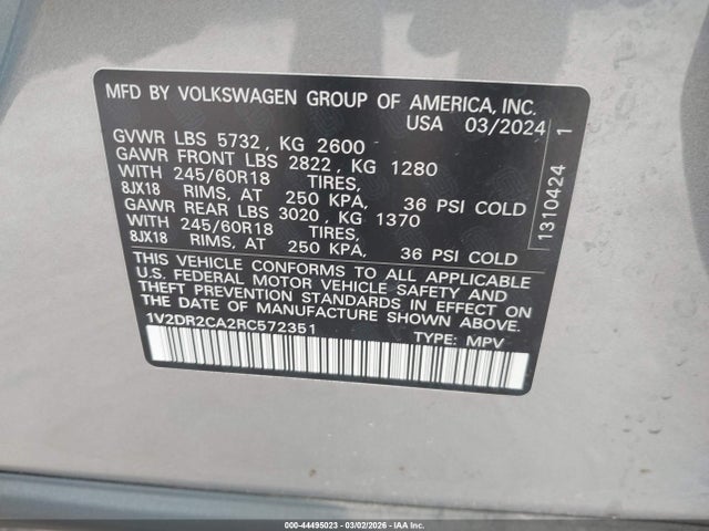 Продаж на аукціоні авто 2024 Volkswagen Atlas 2.0t Se, vin: 1V2DR2CA2RC572351, номер лоту: 44495023