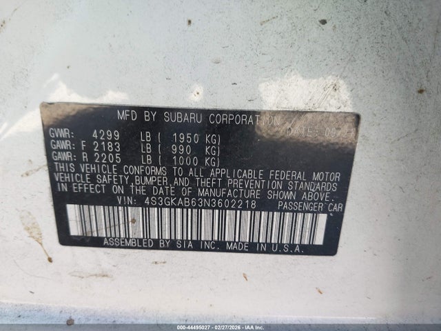 44495027 :رقم المزاد ، 4S3GKAB63N3602218 vin ، 2022 Subaru Impreza Base مزاد بيع